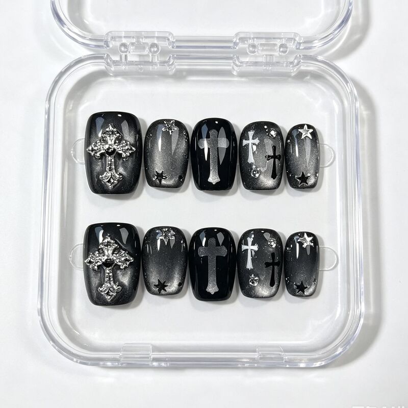 Purely Handmade Silver-Gray Cross Gothic Cat-Eye Cold Light Manicure Starburst Wearable Nails Exquisite Whitening Diamond-Encrusted Nail Stickers Purely Handmade Silver-Gray Cross Gothic Cat-Eye Cold Light Manicure Starburst Wearable Nails Exquisite Whitening Diamond-Encrusted Nail Stickers