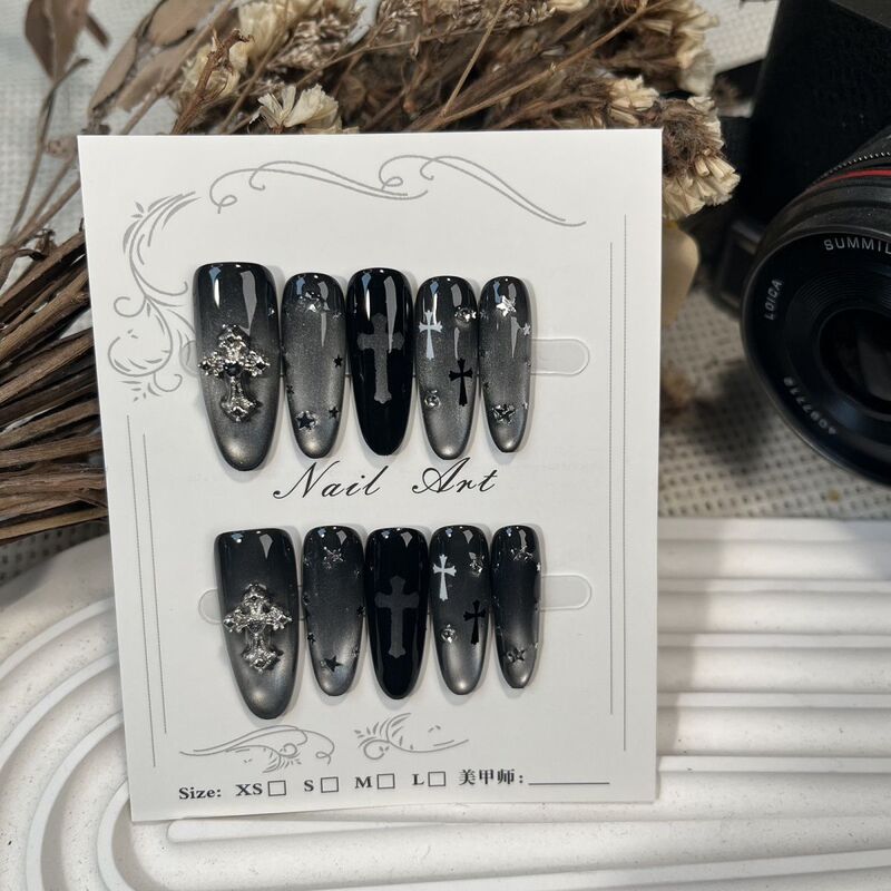 Purely Handmade Silver-Gray Cross Gothic Cat-Eye Cold Light Manicure Starburst Wearable Nails Exquisite Whitening Diamond-Studded Nail Stickers