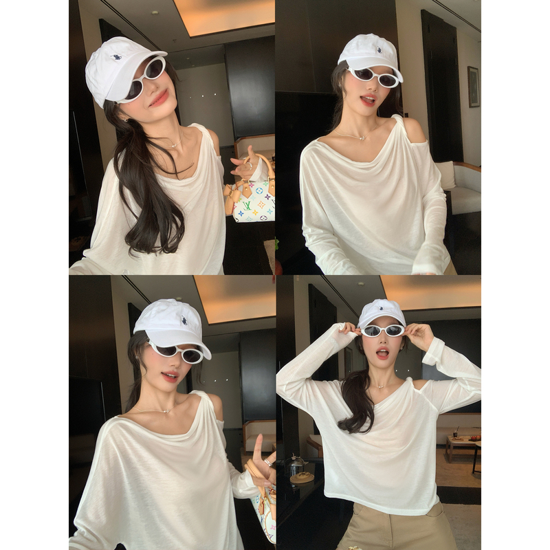 Maluona Misty Wind Style Lyocell Long-Sleeve T-Shirt for Women, Lazy Loose Fit, Slightly Sheer Sun Protection Cover-Up, Off-Shoulder Top