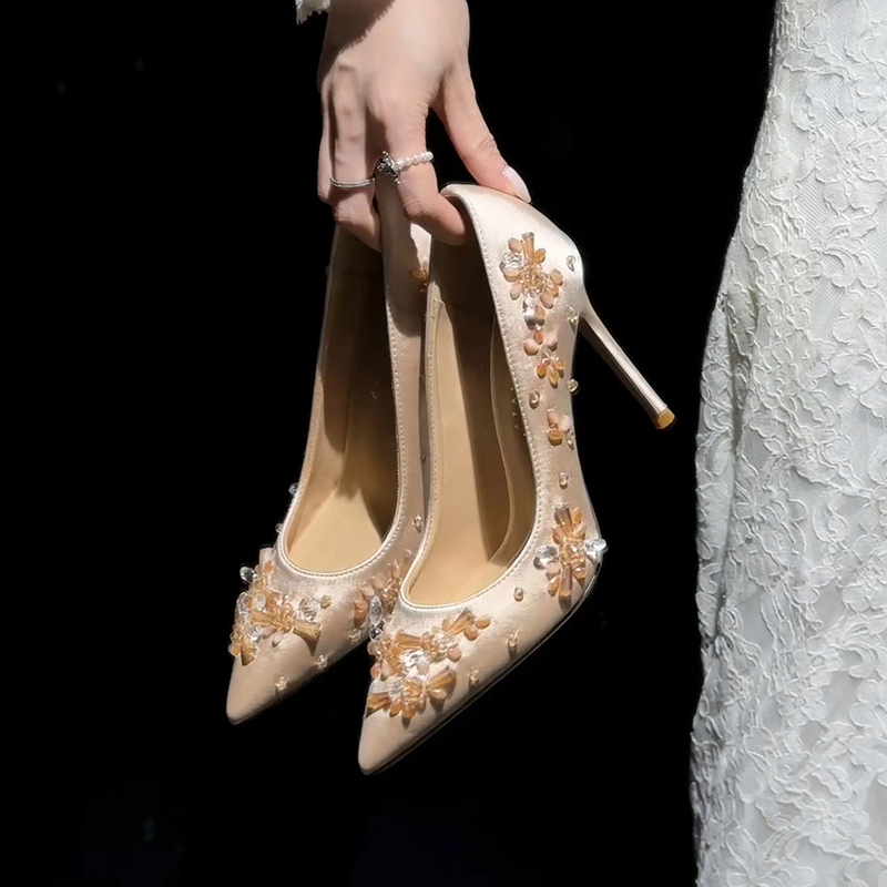 Sheepskin Version~ French Beaded Agate Rhinestone Pointed Toe High Heels Women's Stiletto Shoes Comfortable Wedding Shoes Bride Shoes