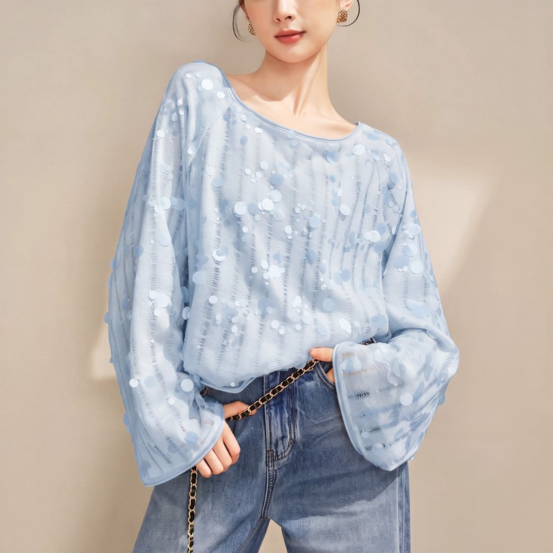 2026 Autumn New Style Elegant Heavy Sequin Long Sleeve Blouse for Women, Casual Plus Size Lazy Round Neck Inner Top 2026 Autumn New Style Elegant Heavy Sequin Long Sleeve Blouse for Women, Casual Plus Size Lazy Round Neck Inner Top