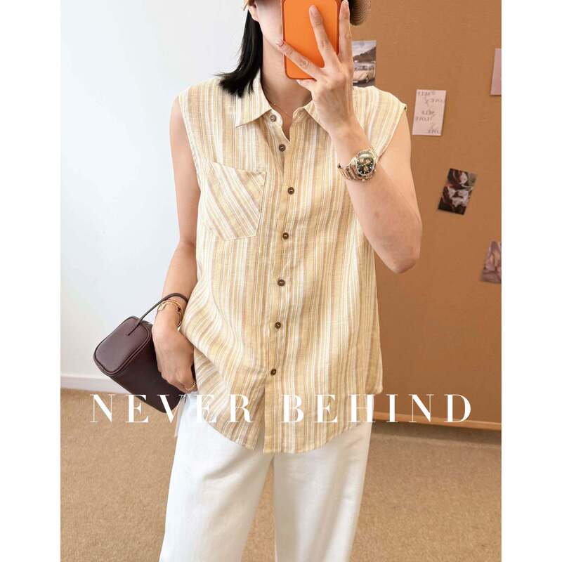 4.26 100% Yarn-Dyed Linen Vertical Striped Lapel Old Money Minimalist Sleeveless Shirt