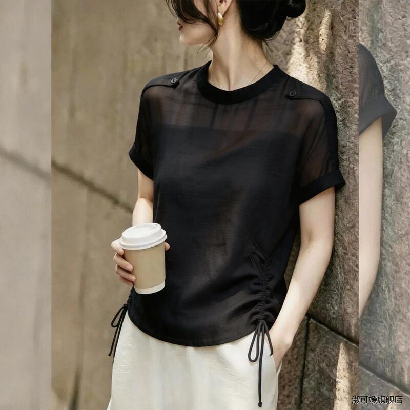 2026 New Summer Style Korean Style Black Short-Sleeved Mesh Splicing Drawstring Top for Women, Versatile and High-End, with a Lazy Style 2026 New Summer Style Korean Style Black Short-Sleeved Mesh Splicing Drawstring Top for Women, Versatile and High-End, with a Lazy Style