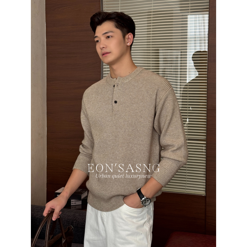 【Wool Blend】Eon's Old Money Style Floral Henley Collar Knit Sweater for Men, Autumn Ribbed Design Top