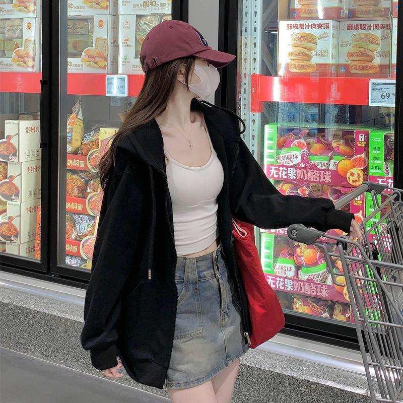Black Sweatshirt for Women, 2026 New Style, Trendy This Year, Loose Fit, Thin Hooded Jacket for Spring and Autumn, Slimming Zipper Coat Black Sweatshirt for Women, 2026 New Style, Trendy This Year, Loose Fit, Thin Hooded Jacket for Spring and Autumn, Slimming Zipper Coat