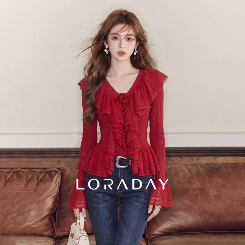 Lora Day's Design-Inspired Niche Top with a High-End Chic Feel, Unique Red Lace Patchwork Ruffled Knit Sweater