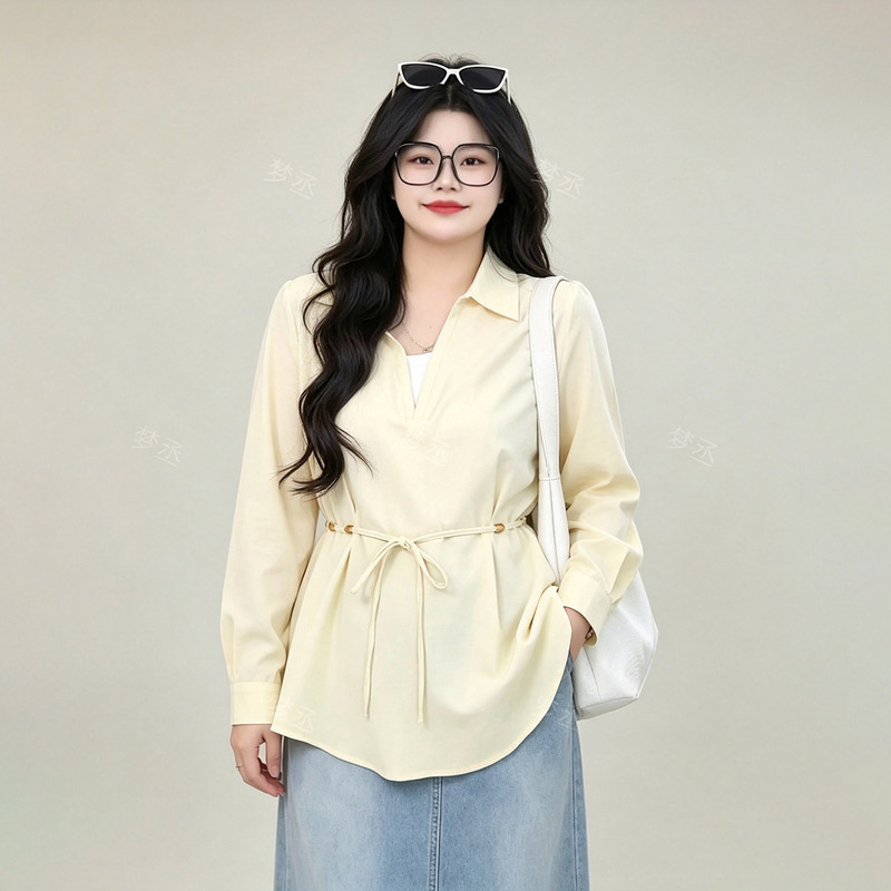 Mengcheng Plus-Size Women's Clothing Long-Sleeved Shirt Early Autumn New Style High-End Loose Slimming Tie Casual Shirt for Plus-Size Women