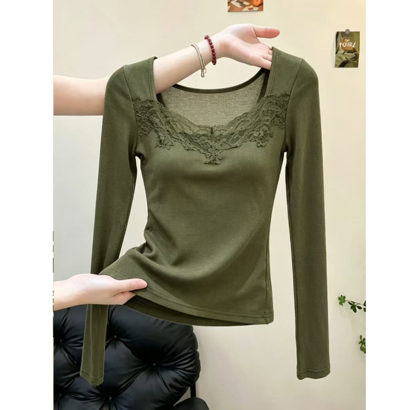 Korean-Style Elegant Dark Green Square-Neck Lace Patchwork Long-Sleeve Base Shirt for Women, New Summer Chic Versatile Top Korean-Style Elegant Dark Green Square-Neck Lace Patchwork Long-Sleeve Base Shirt for Women, New Summer Chic Versatile Top