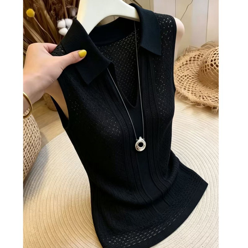 Chic and High-End Black V-Neck Sleeveless Hollow-Out Knitted Vest for Women, New Autumn Style, Simple and Versatile Loose Top Chic and High-End Black V-Neck Sleeveless Hollow-Out Knitted Vest for Women, New Autumn Style, Simple and Versatile Loose Top