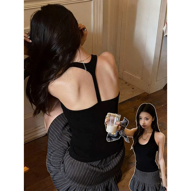 French-Style U-Neck Halter Backless Camisole Summer Inner Wear with Beautiful Back Design, Integrated Bra with Padded Cups, Ez Halter Top