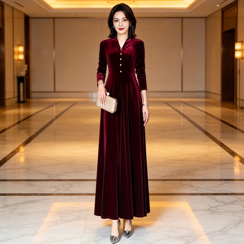 Early Autumn Dress for Women 2026 New Velvet Fashion Elegant Long Dress Spring and Autumn Long-Sleeved Flared Slimming Dress Early Autumn Dress for Women 2026 New Velvet Fashion Elegant Long Dress Spring and Autumn Long-Sleeved Flared Slimming Dress