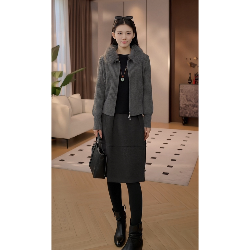 Large Fur Collar Vertical Ribbed Zipper Knit Jacket Jw8549 Large Fur Collar Vertical Ribbed Zipper Knit Jacket Jw8549