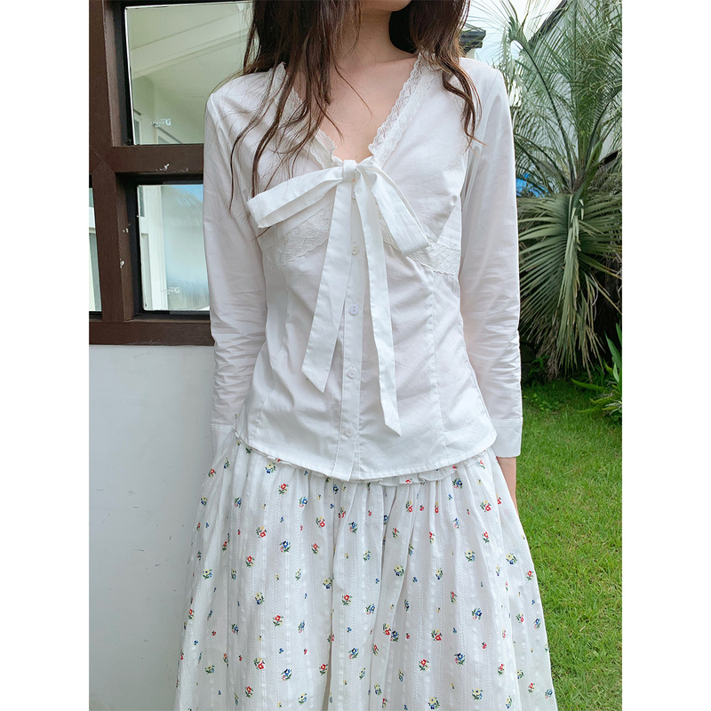 Soomie Korean Style Lace Trim Deep V-Neck Bow Tie White Long-Sleeve Shirt for Women, Slimming Blouse