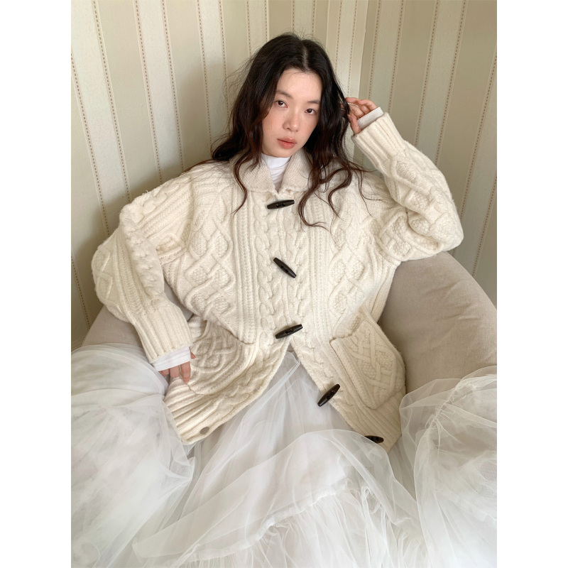 Soomie Small Lapel Cable Knit Off-White Toggle Button Sweater for Women, Autumn and Winter Loose Casual Sweater Cardigan Coat