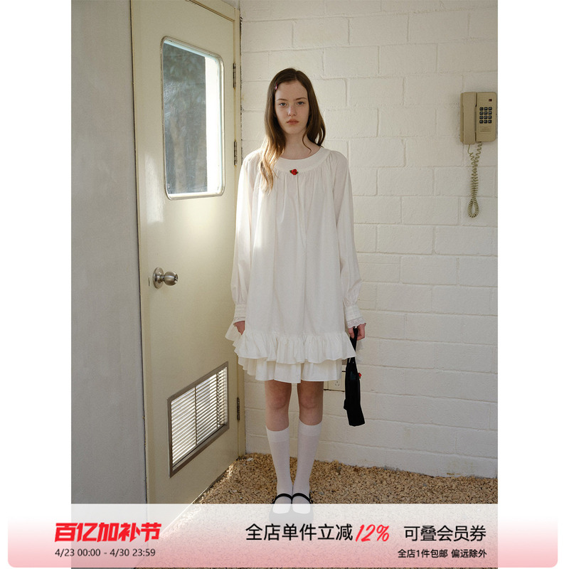 Soomie White Long-Sleeved Pure Cotton Dress with Red Flowers on the Neckline, Multi-Layered Ruffles on the Hem and Lace Cuffs for Women
