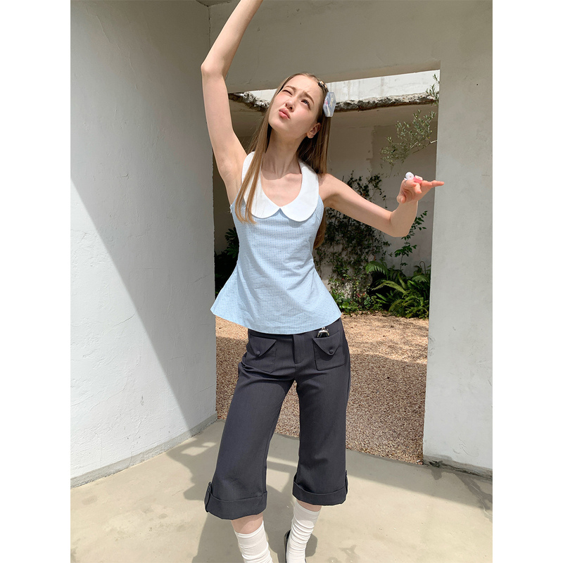 Soomie Korean-Style Blue Plaid Doll Collar Halter Backless Top, Cute Slimming Waist-Cinching Sleeveless Blouse for Women