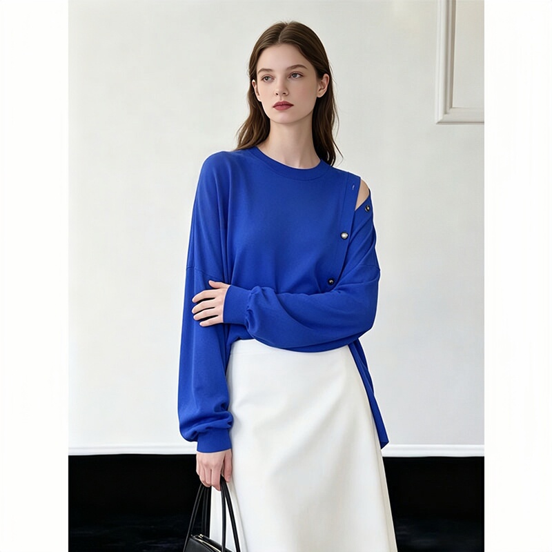 Jang Mi's Unique and Beautiful Thin Top in Klein Blue with Diagonal Buttons and Off-Shoulder Design, Knitted Sweater for Women, Autumn Wear