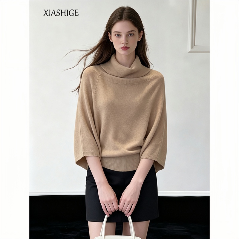 Khaki Turtleneck Batwing Five-Quarter Sleeve Knit Sweater, Trendy and Beautiful for Fall/Winter 2026 Women's Fashion