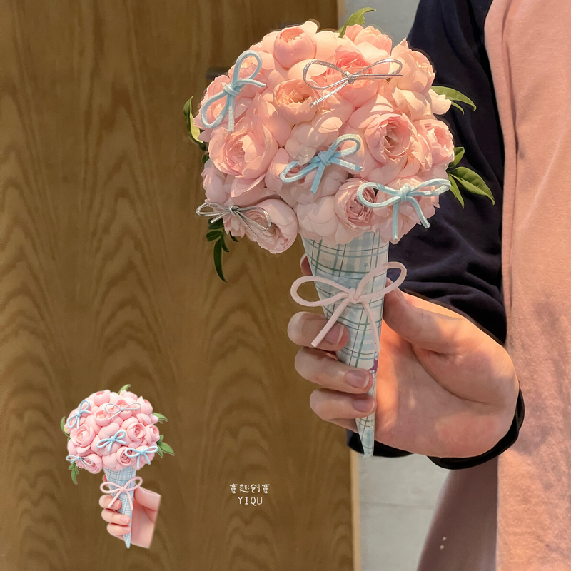 Ice Cream Cone Bouquet Finished Product, Artificial Flower Handheld Small Bouquet, Surprise Birthday Bouquet Gift for Girlfriend or Best Friend