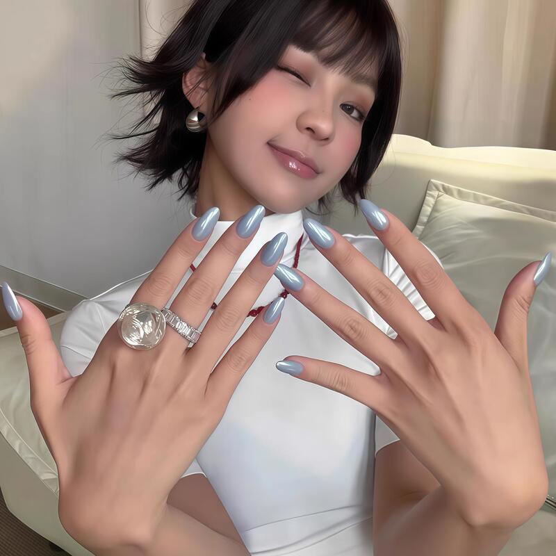 Hailey's Same Style, Elegant and Complexion-Enhancing Moonlight Pearl Aurora Powder Press-On Nails, Nude Pink and Blue, Handmade Maternity Nail Art Hailey's Same Style, Elegant and Complexion-Enhancing Moonlight Pearl Aurora Powder Press-On Nails, Nude Pink and Blue, Handmade Maternity Nail Art