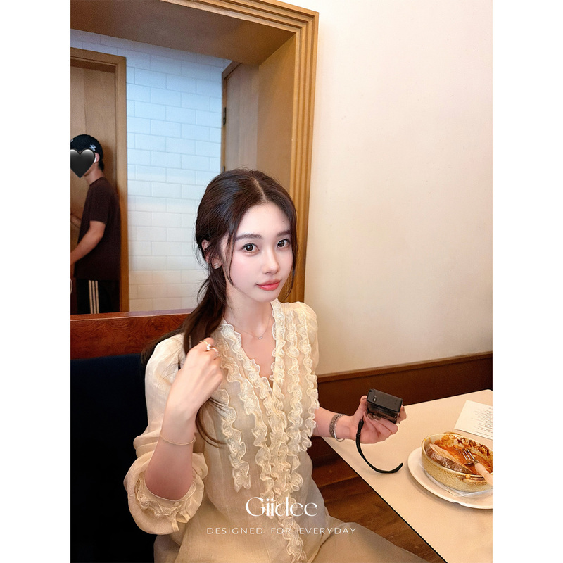 Giidee Deng Xiaohang【Withered Rose】Ramie Lace Trim Shirt Women's Commuting Versatile Long Sleeve Top Summer