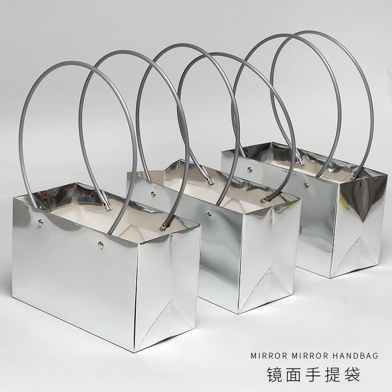 New Mirror-Silver High-End Flower Packaging Tote Bag, Bouquet Packaging Material, Rectangular Kraft Paper Gift Bag