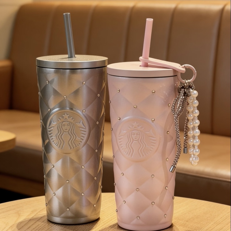 Starbucks Cup with Diamond Diamond Pattern, High Appearance Value, Large Capacity, Stainless Steel Straw Cup, a Birthday Gift for a Friend