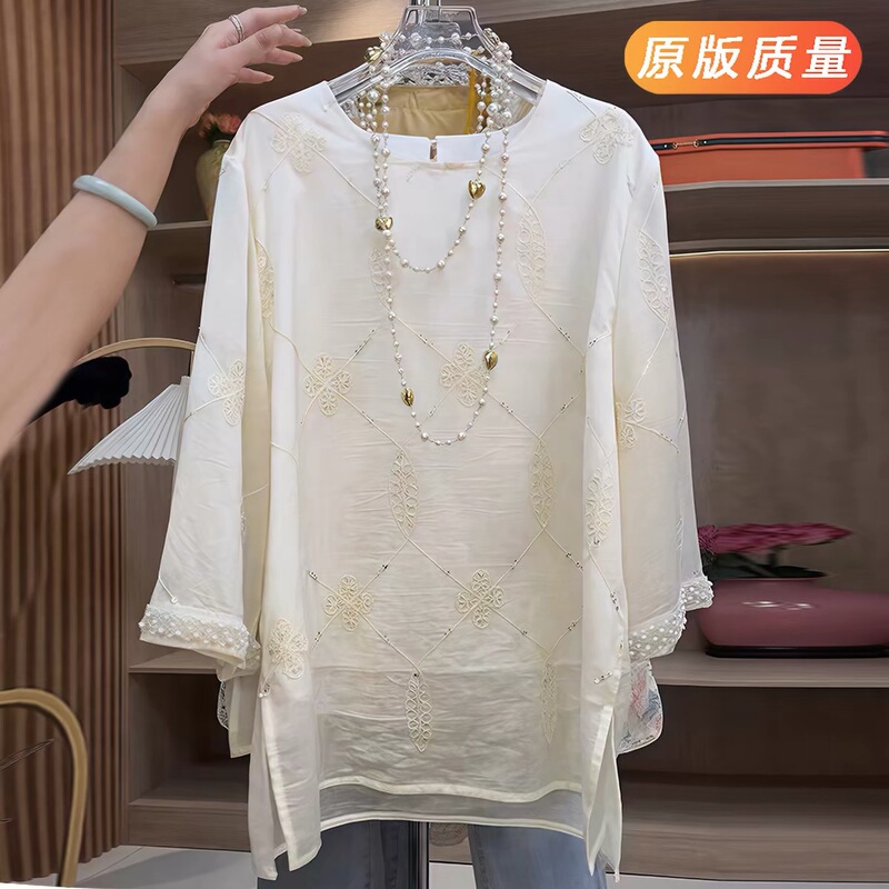 Cj Welfare Four-Leaf Clover Sequin Embroidery New Chinese Style National Style Top Women's Spring and Summer Loose Slimming Top 0622 Cj Welfare Four-Leaf Clover Sequin Embroidery New Chinese Style National Style Top Women's Spring and Summer Loose Slimming Top 0622
