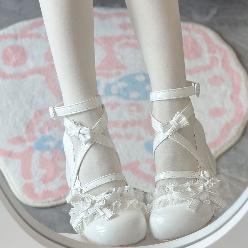 Jk Lace Round-Toe Bow Lolita High-Heeled Shoes, Soft Girl Versatile Cute Little Leather Shoes