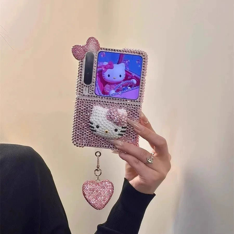 High-End Rhinestone Pearl Kt Cat Phone Case for Huawei Pura X, New Flip Cover Foldable Screen Pura X Collector's Edition, Luxury Trendy Purax Full-Cover Anti-Drop Protective Case for Women