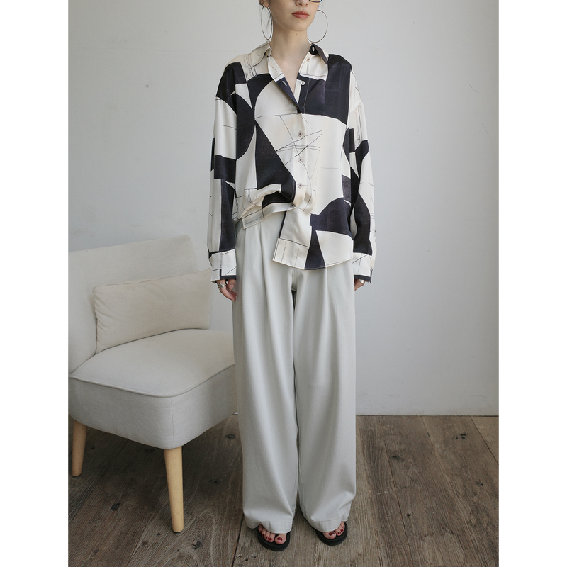 ~Shanggui'S~22Mm Mulberry Silk Crepe Satin~Loose Fit Geometric Positioning Print Shirt