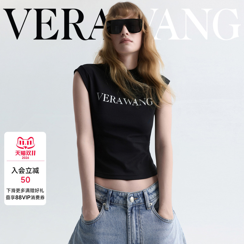 Verawang Sleeveless Letter Tank Top T-Shirt for Women, Summer Designer New Style, Black, High-End, Chic Short-Sleeved Top