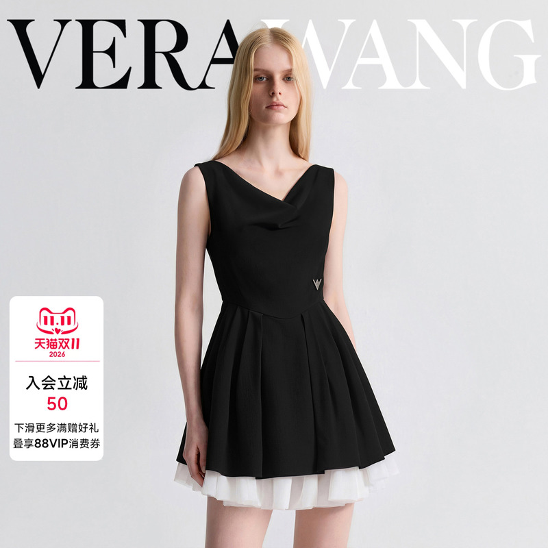 Verawang Black Sleeveless Swing Collar Dress for Women, Autumn Designer New Color-Blocking Tiered Dress, Light Formal Dress Verawang Black Sleeveless Swing Collar Dress for Women, Autumn Designer New Color-Blocking Tiered Dress, Light Formal Dress
