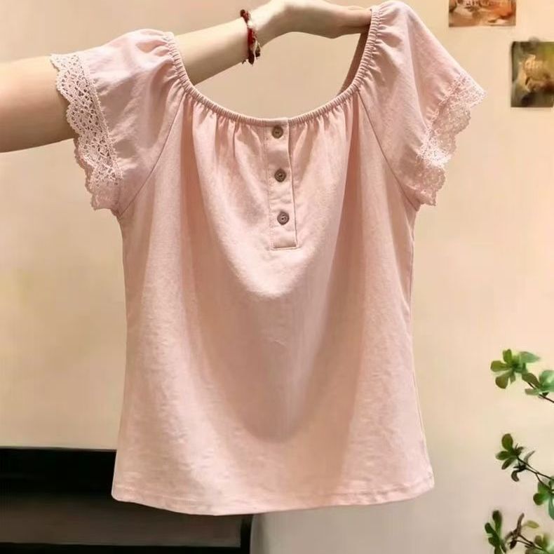 Boutique French-Style Sweet Lace-Trimmed Pink Short-Sleeve Shirt for Women, New Summer Model with Round Neck and Buttons, Versatile and Age-Reducing Boutique French-Style Sweet Lace-Trimmed Pink Short-Sleeve Shirt for Women, New Summer Model with Round Neck and Buttons, Versatile and Age-Reducing