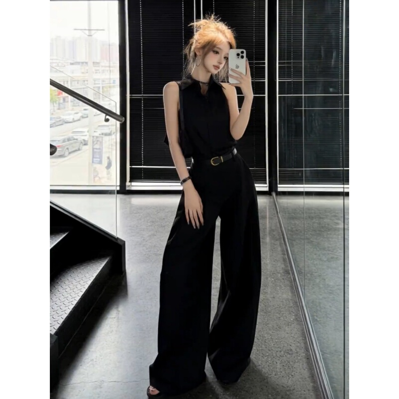 Korean Uamtor Unique and Stunning Black Sleeveless Shirt and Pants Set for Women, Summer Style, Super Popular, Age-Reducing Complete Set Korean Uamtor Unique and Stunning Black Sleeveless Shirt and Pants Set for Women, Summer Style, Super Popular, Age-Reducing Complete Set