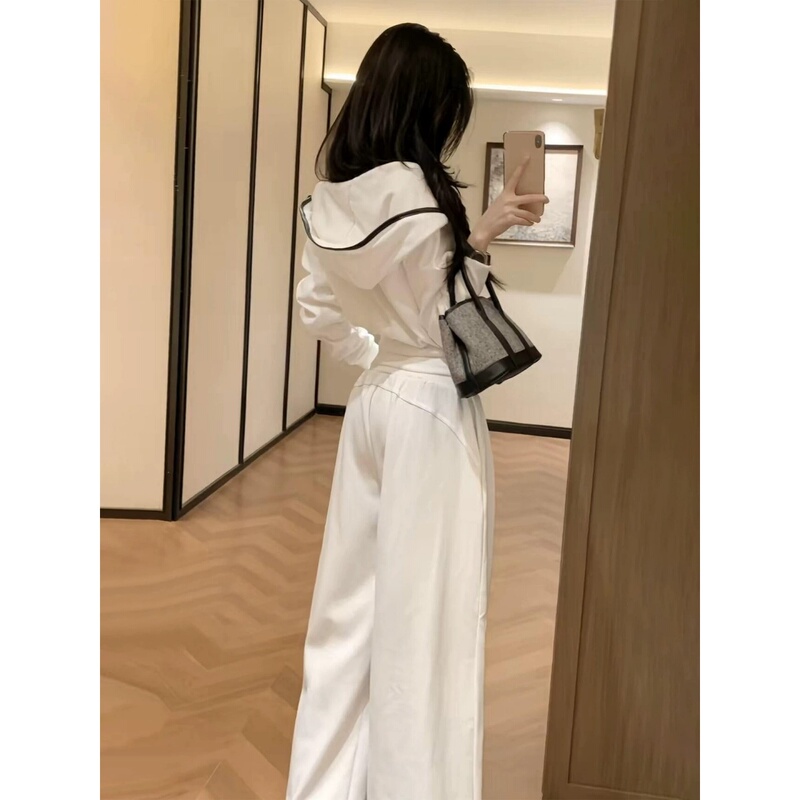 Korean Uamtor Stylish Outfit Set for Women, Autumn White Sweatshirt Top and Wide-Leg Pants Casual Suit