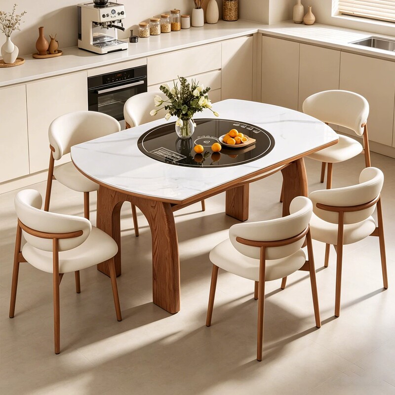Smart Voice-Controlled Warming Plate for Home Use, High-End Vintage-Style Slate Dining Table and Chairs, Dual-Purpose Square and Round Table for Small Apartments