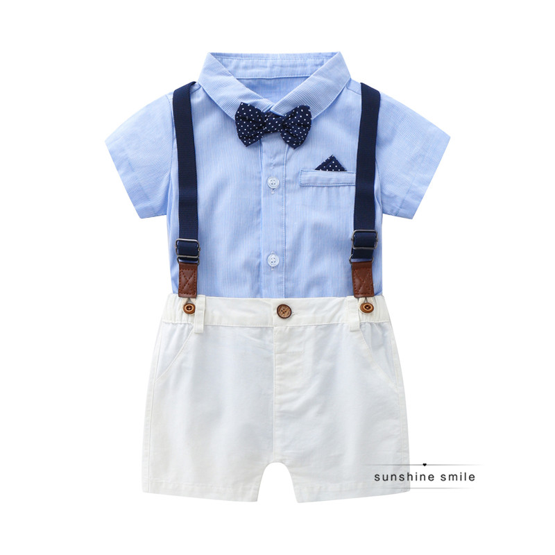 South Korea 2020 new gentleman suit male baby full moon dress striped shirt bow tie overalls summer