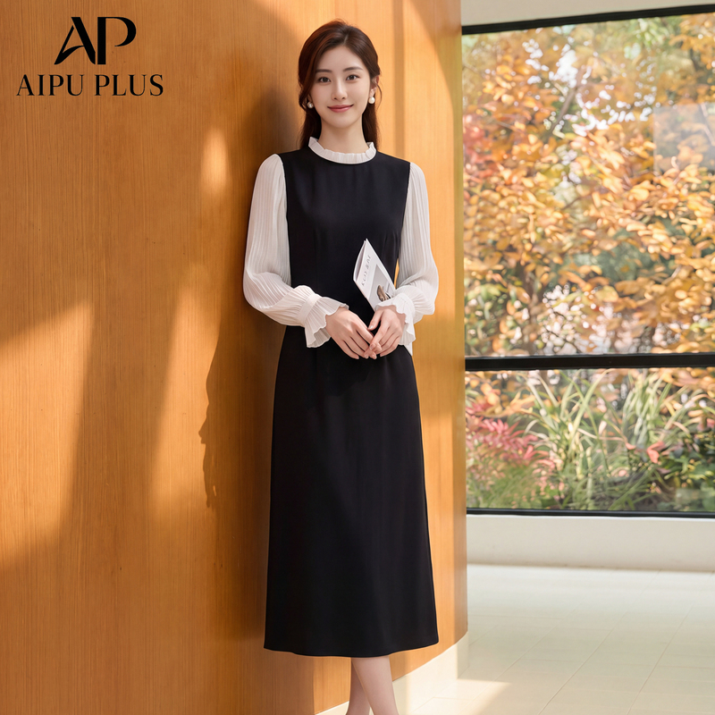 Aipu Plus Plus-Size Women's Clothing 2026 Autumn New Stylish Patchwork Dress for Curvy Women, Slimming Long-Sleeve Mid-Length Dress Aipu Plus Plus-Size Women's Clothing 2026 Autumn New Stylish Patchwork Dress for Curvy Women, Slimming Long-Sleeve Mid-Length Dress