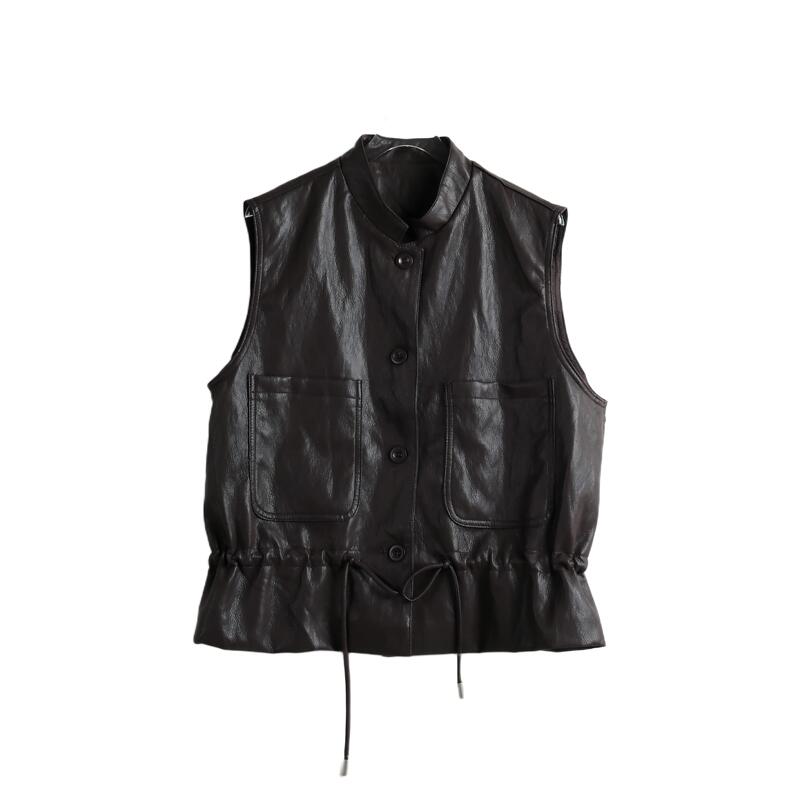 【Double Pockets】Small Stand-Up Collar Oil-Waxed Protein Leather Drawstring Waist Vest Zfm3253