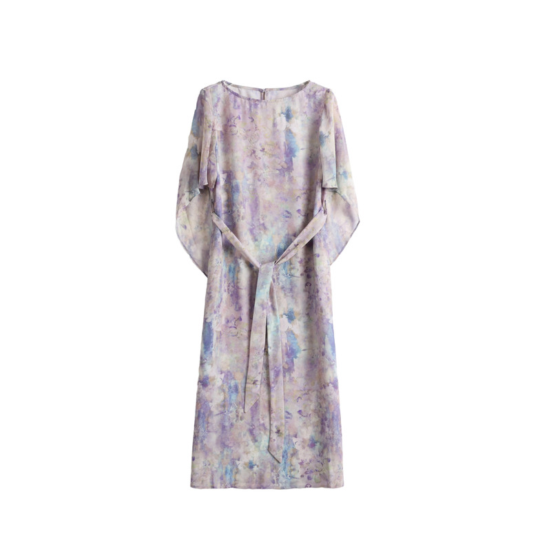 【Light Dusk Flowing Clouds】New Chinese-Style Atmosphere Gradient Print Tie-Up Mulberry Silk Dress Dxl5350