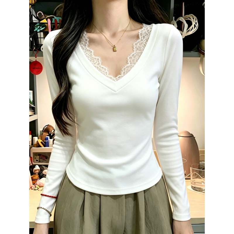 95% Cotton Spring and Autumn New V-Neck Long-Sleeve Base Shirt for Women, Plus Size, Slim Fit, Lace Sexy Top