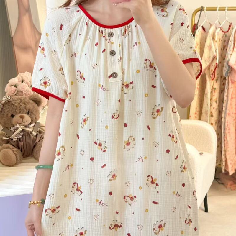 Kongjia Gauze Nightgown for Women, Summer Cotton Short-Sleeved, Cute Pony Print, Loose and Breathable Loungewear 148