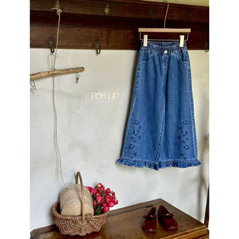 【Forup】 # Recommended】76009 (Denim Blue) Autumn Ellie Flower Embroidery Ruffled Denim Jeans