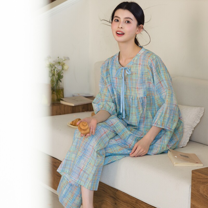 Zumashi Pajamas for Women, Summer Thin Plaid Loose Pure Cotton Three-Quarter Sleeve Long Pants, Spring and Autumn Home Wear Set