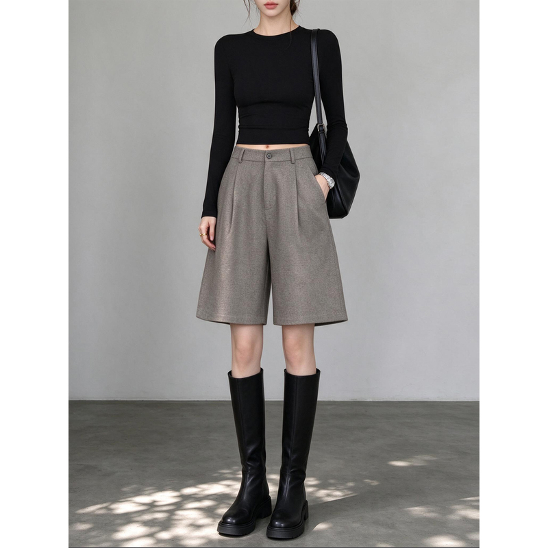 Mia Kerr Gray Woolen Shorts for Women, Autumn and Winter 2026 New Style, High-End Casual Straight-Leg Suit Mid-Length Shorts