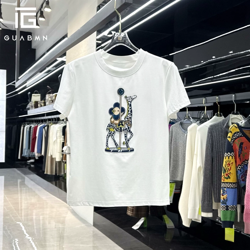 Guabmn 2025 Summer New Niche Giraffe Print Short-Sleeved Round Neck T-Shirt 5013 Early Summer Outfit