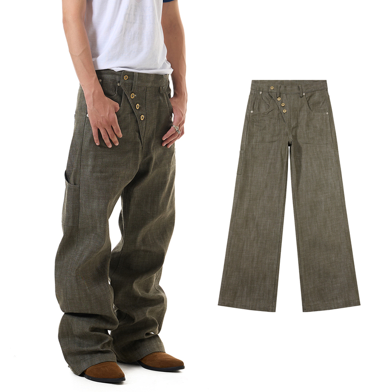 Senses Diagonal Placket Vintage Pine Needle Green Raw Denim Selvedge 14oz Thick Loose Straight-Leg Jeans