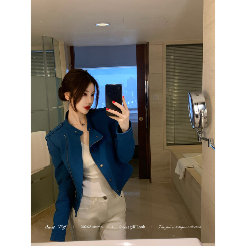 Sweet Evil Wolf Blues Collection Retro Short Stand Collar Jacket Women's Early Autumn Ribbed Motorcycle Style Top