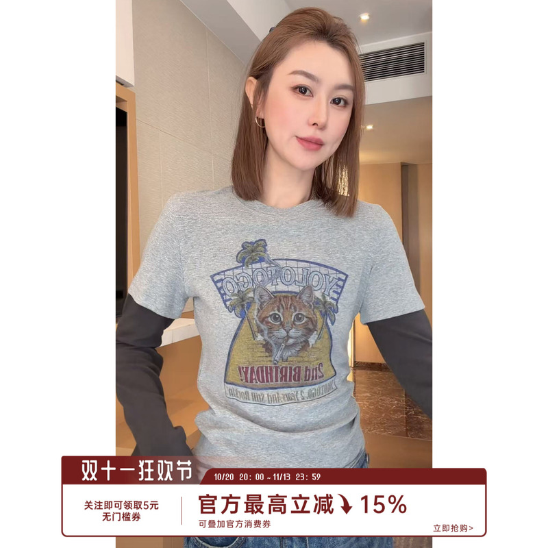 Lin Rou Rou Fake Two-Piece Cat Print Long Sleeve T-Shirt for Women, Slim Fit Base Shirt